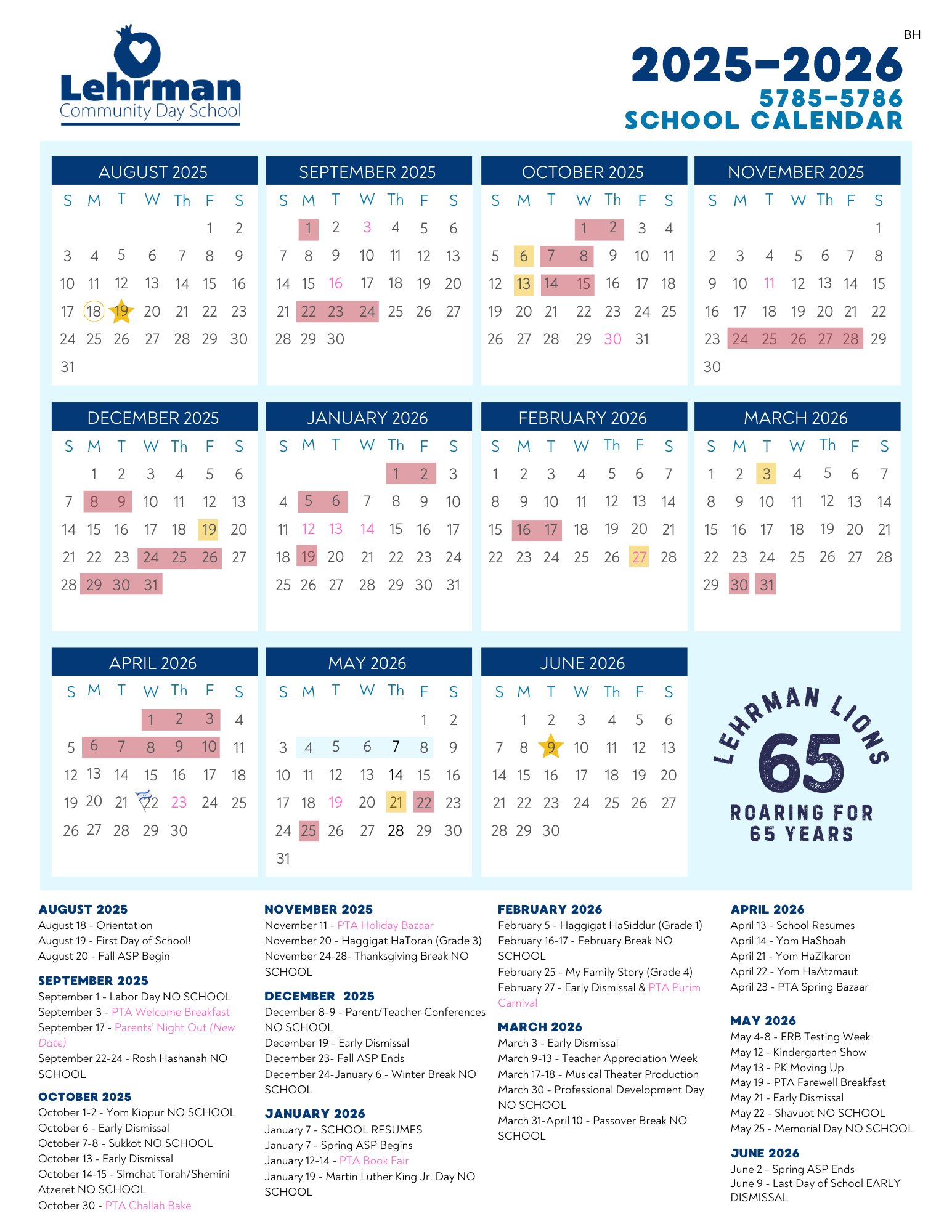 2025 26 School Calendar Lehrman Community Day School