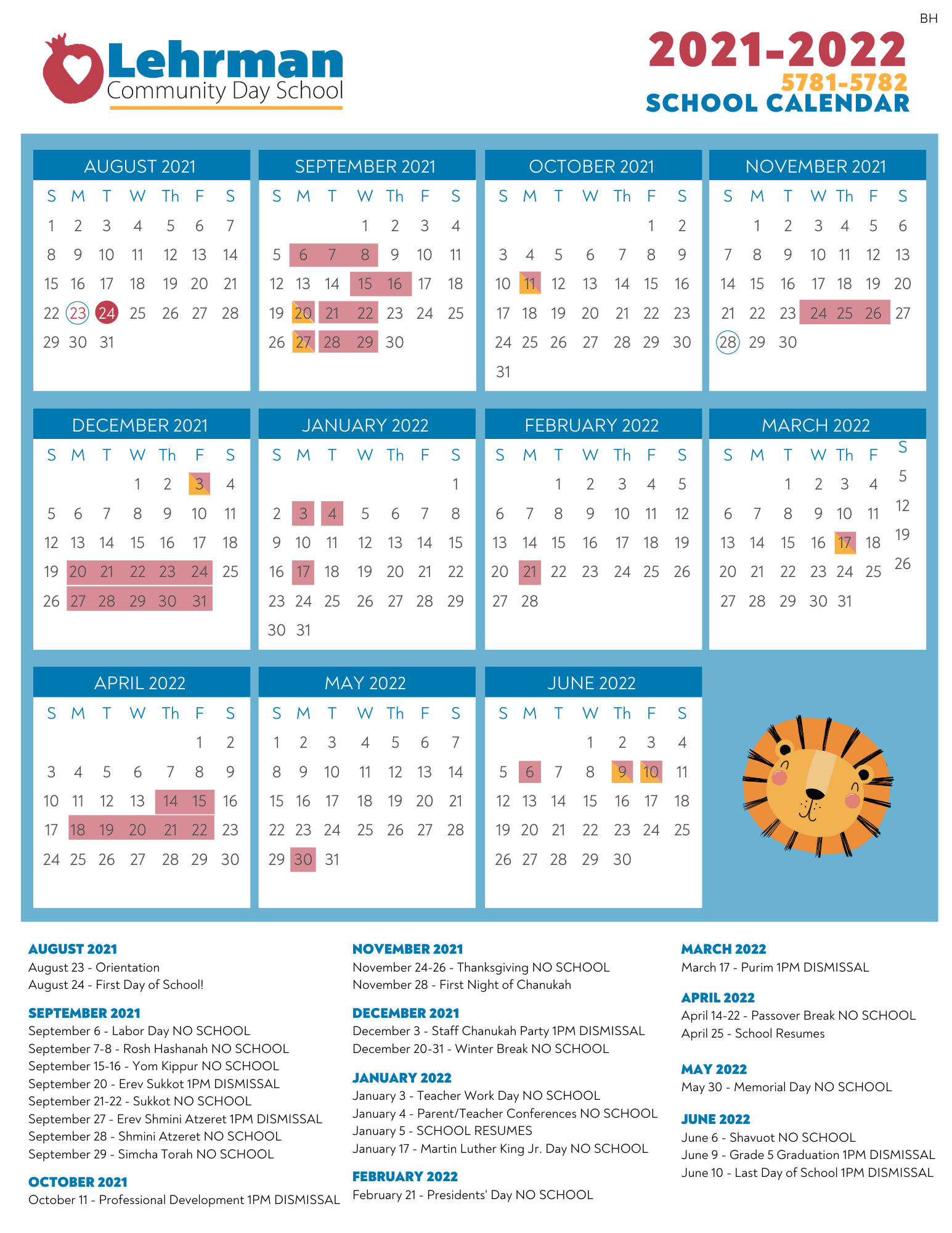 2021-22 School Calendar - Lehrman Community Day School