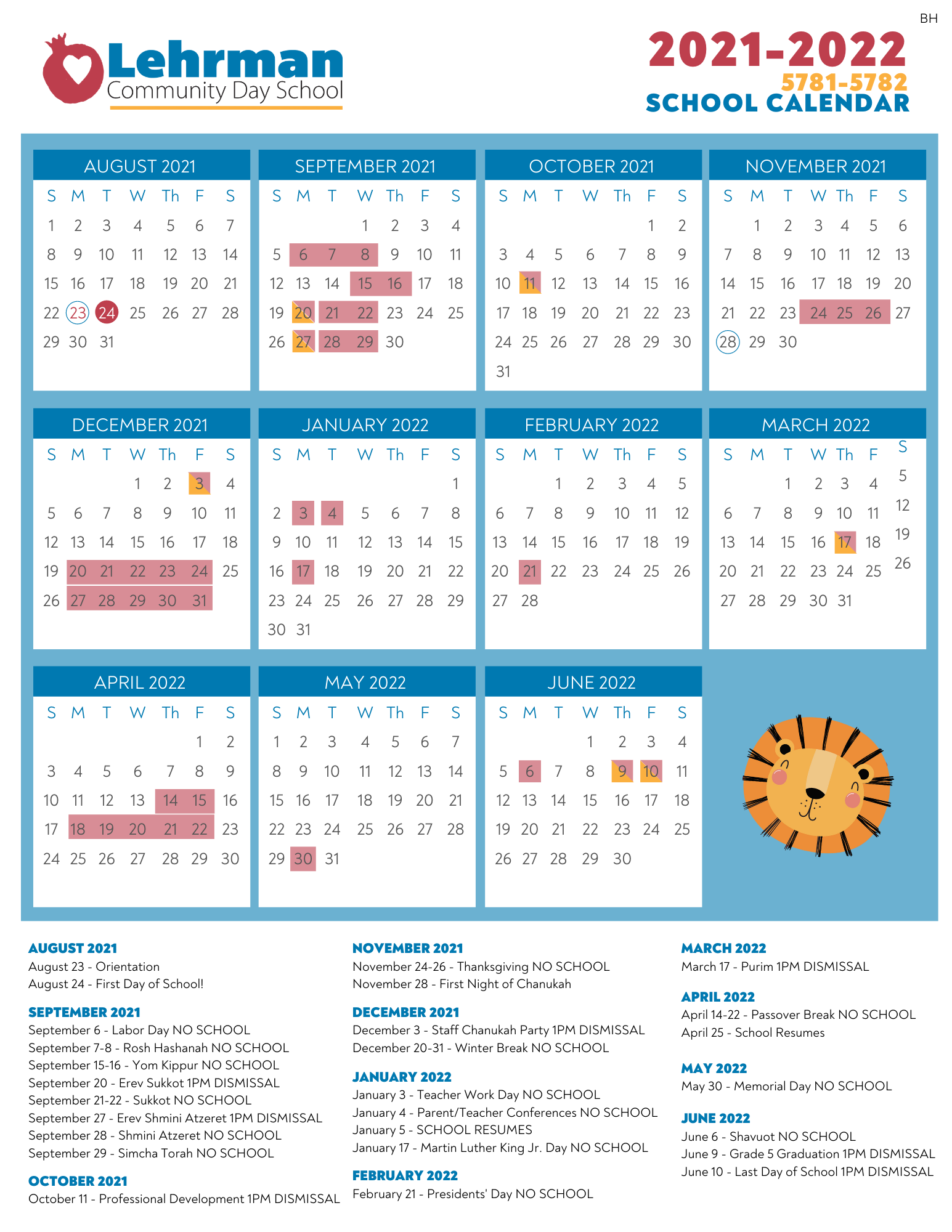 Fau 2022 Calendar 2021-22 School Calendar - Lehrman Community Day School